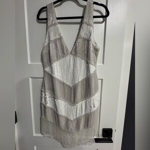 NBD Silver and white sequin Chevron Dress - NWT size Medium